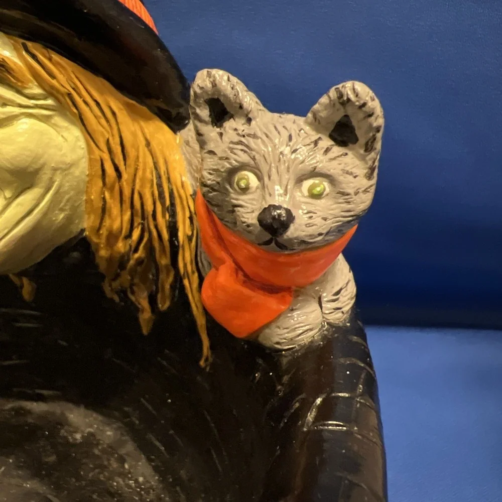 Vtg '85Accents Unltd Halloween Trick Or Treat Witch Owl Cat Chalkware Candy Bowl